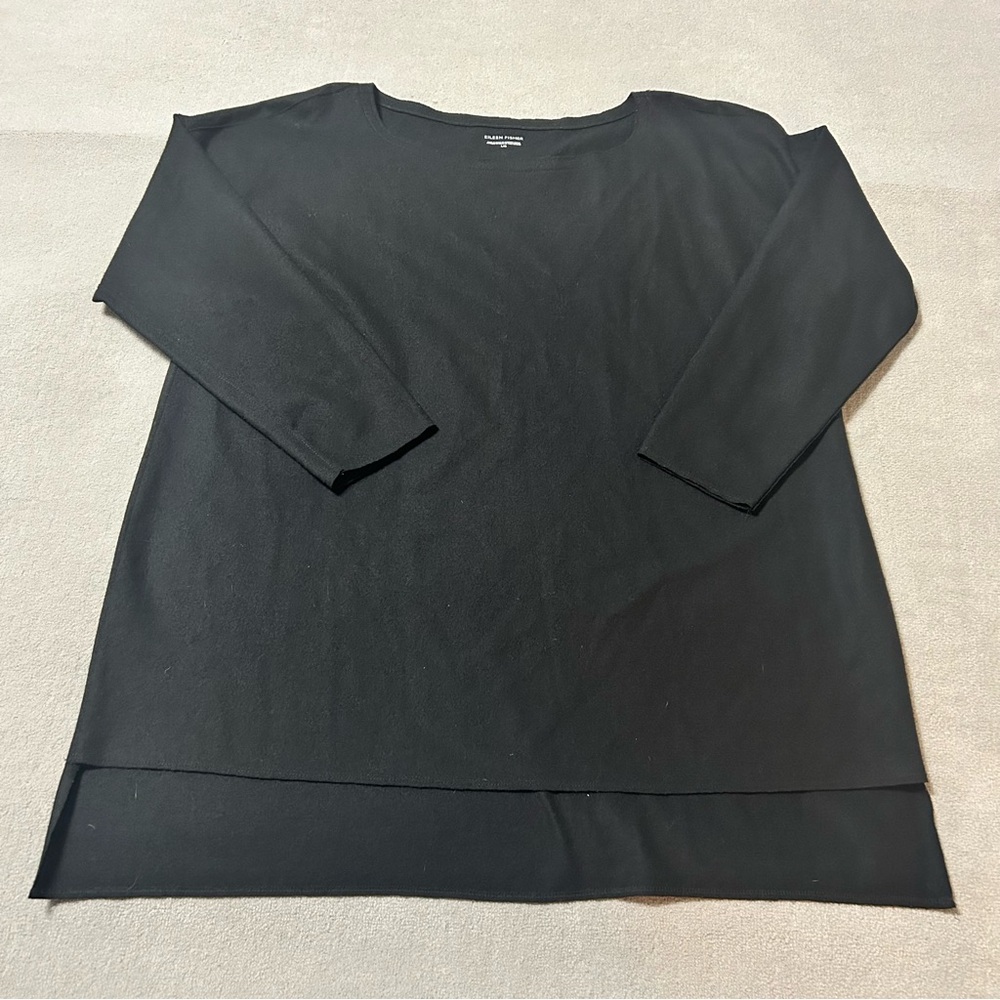 Eileen Fisher Black Hi-Low Hem 3/4 Sleeve 100% Wool Shirt - Women’s Size L